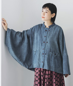 コットンジャカード　藍染めポンチョショートジャケット(ネイビー-ONESIZE)