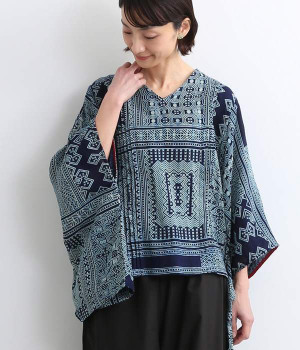 モン族柄藍染プリントプルオーバーブラウス(ネイビー-ONESIZE)
