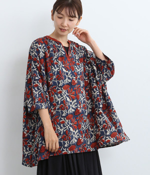 フラワーブロックプリントプルオーバー(レッド-ONESIZE)