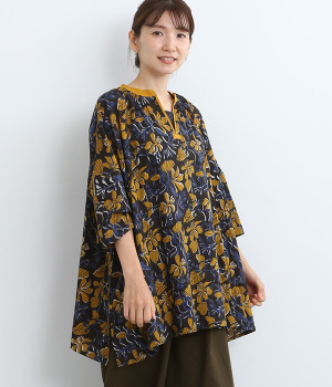 フラワーブロックプリントプルオーバー(イエロー-ONESIZE)