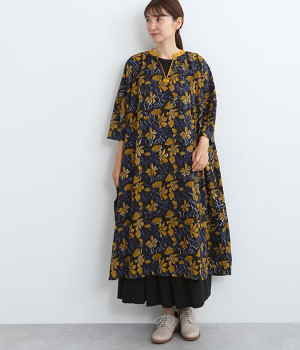 フラワーブロックプリントドレス(イエロー-ONESIZE)
