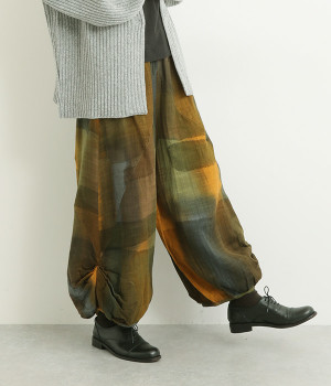 ダブルガーゼ手書き柄サイドタックパンツ(オレンジ-ONESIZE)