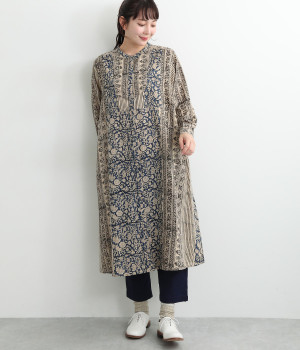 バグループリントバンドカラー前あきワンピース(ブルー-ONESIZE)