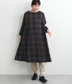 コットンチェックサイドピンタックワンピース(ネイビー-ONESIZE)