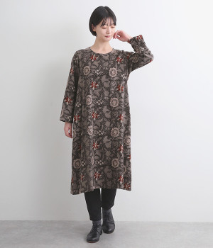 コットン花柄ブロックプリントワンピース