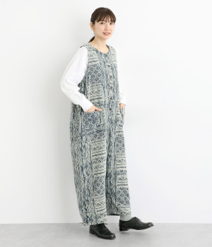 モン族柄藍染プリントサロペット(ネイビー-ONESIZE)