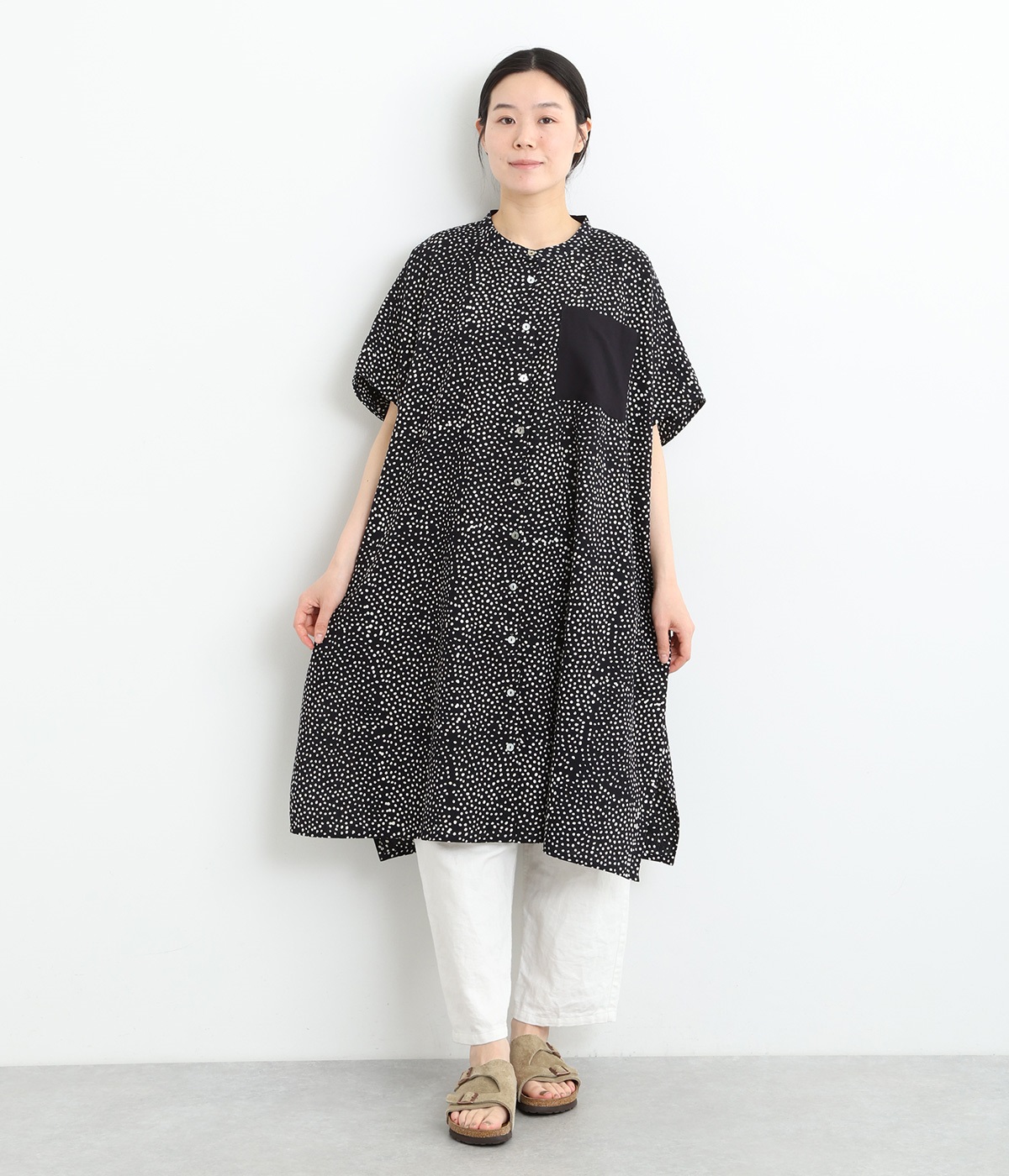 フラックス混ドットブロックプリント×無地チュニック(ブラック-ONESIZE)