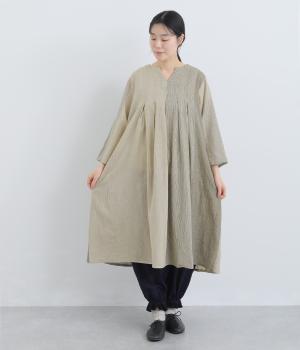 カディーストライプ切替　タックワンピース(ベージュ-F)