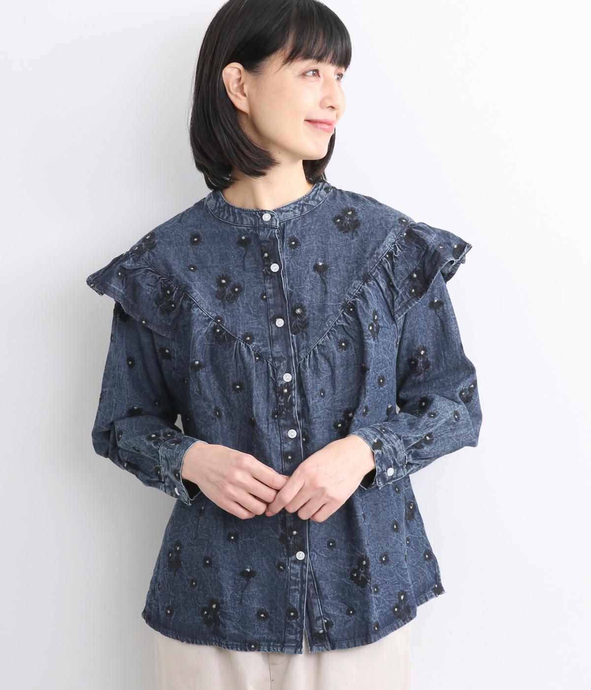 コットンデニムマーガレットブラウス(ネイビー-ONESIZE)