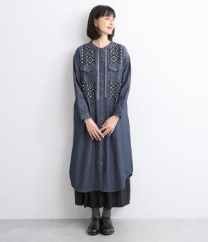 コットンデニムエンブシャツワンピース