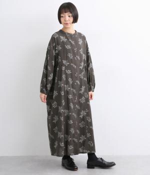 コットンリネンフラックスリーフプリントワンピース