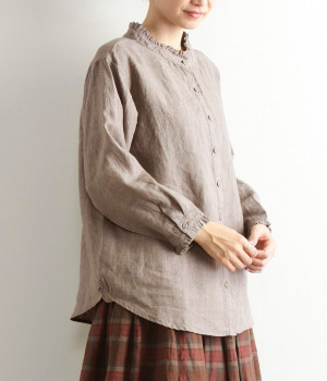 リネンフリルブラウス(杢グレー-ONESIZE)