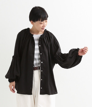 襟・袖口フリル貝ボタン使い袖口切替え2wayブラウス(ブラック-ONESIZE)