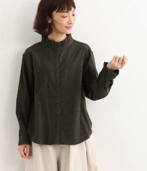 シャンブレー起毛　カフス・襟フリルブラウス