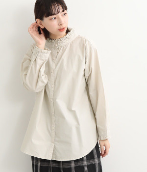 襟カウスフリル長袖ブラウス(ライトベージュ-ONESIZE)