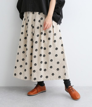 ドットリネン　タックギャザースカート