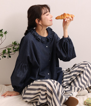 デニム　二枚襟バルーン袖ブラウス