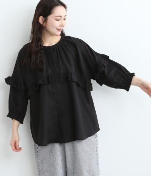 リネン　ピンタックフリル仕立て比翼ブラウス