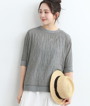 リブ使いラグラン5分袖ブラウス