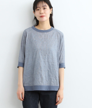 リブ使いラグラン5分袖ブラウス(ネイビー千鳥柄-ONESIZE)