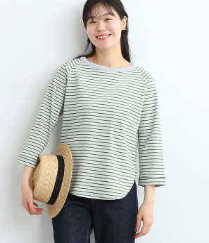 コットン　ディアマリアボーダー　ラグラン7分袖カットソー(グレーベース×グリーン-ONESIZE)