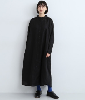 リネン無地　バンドカラー長袖シャツワンピース