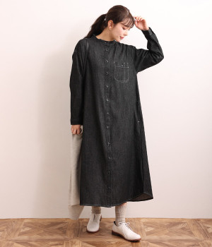 デニム　バンドカラー長袖シャツワンピース