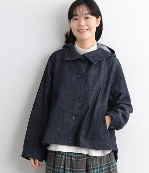 リネンコットンインディゴデニムツイル フード付きスコッチ釦釦ジャケット