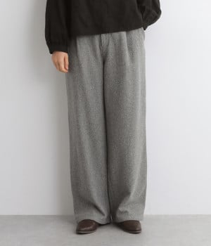 三つ杢ツィードクロモア ワンタックワイドシルエットパンツ(グレー-ONESIZE)