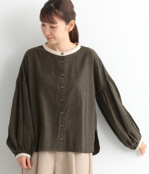 トップ染めシャンブレー起毛 バイカラーバルーン袖長袖ブラウス