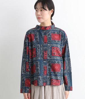 バンダナ柄 バンドカラー長袖シャツ