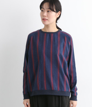 2重ガーゼインディゴ先染めストライプラグラン長袖ブラウス(ストライプ×無地-ONESIZE)