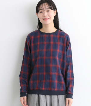 2重ガーゼインディゴ先染めストライプラグラン長袖ブラウス(チェック×無地-ONESIZE)