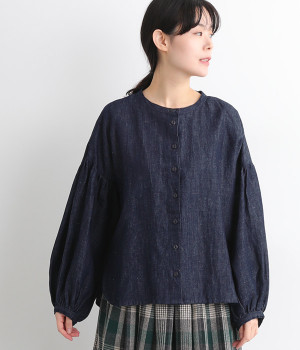 リネンコットン　インディゴデニム6.8オンス バルーン袖長袖ブラウス