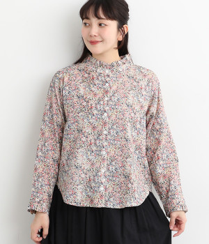 スプリンクルプリント 襟・袖口フリル貝釦長袖ブラウス(ピンク-ONESIZE)