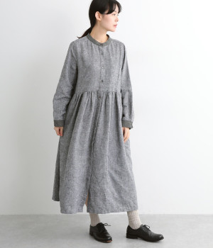 リネンシャンブレー起毛 バイカラーバンドカラー前開き長袖ワンピース
