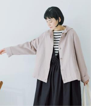 9番手洗いざらしリネン フード付きスコッチ釦テールジャケット(グレージュ-F)