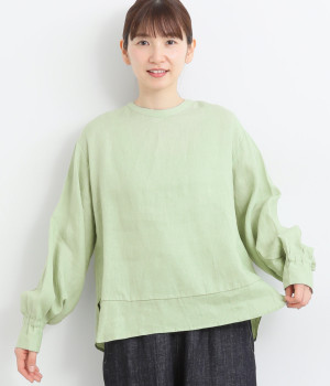 リネンボーダーピンタック本貝釦2wayブラウス