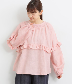 リネン襟ステッチ加工フリル本貝2wayブラウス(ピンク-ONESIZE)