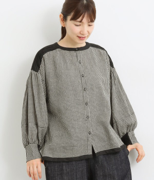 リネン先染ギンガムチェックバイカラー2wayブラウス(ギンガム×ブラック-ONESIZE)