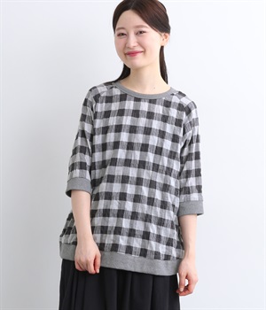 オーガニックコットン・リネン　シャーリングチェック　リブ付き5分袖プルオーバー