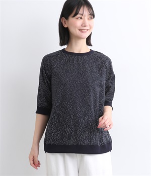 コットン　ランダム小玉プリント　リブ付き5分袖プルオーバー