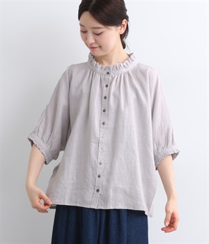 リネン襟・袖フリル本貝釦ラグラン半袖ブラウス