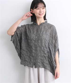 先染めみじん柄襟フリル前開本貝釦ブラウス