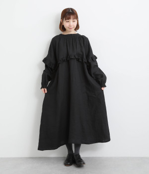 リネン襟ステッチフリル本貝釦2wayワンピース
