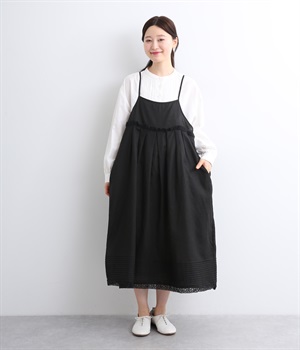 リネン裾ボーダーピンタック&胸・裾レースフリルギャザー2wayキャミワンピース