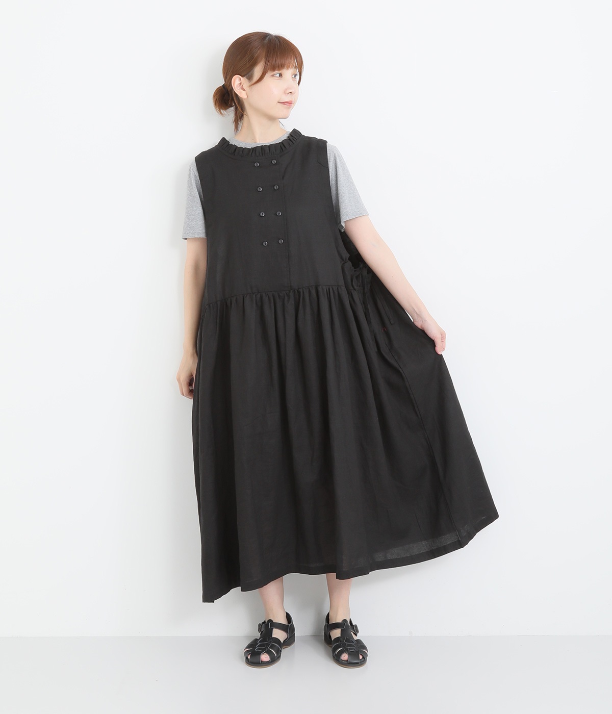 リネン襟フリルW貝釦2wayノースリーブワンピース（ubasoku）の