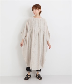 リネン 胸元多数ピンタック コクーン半袖2wayワンピース
