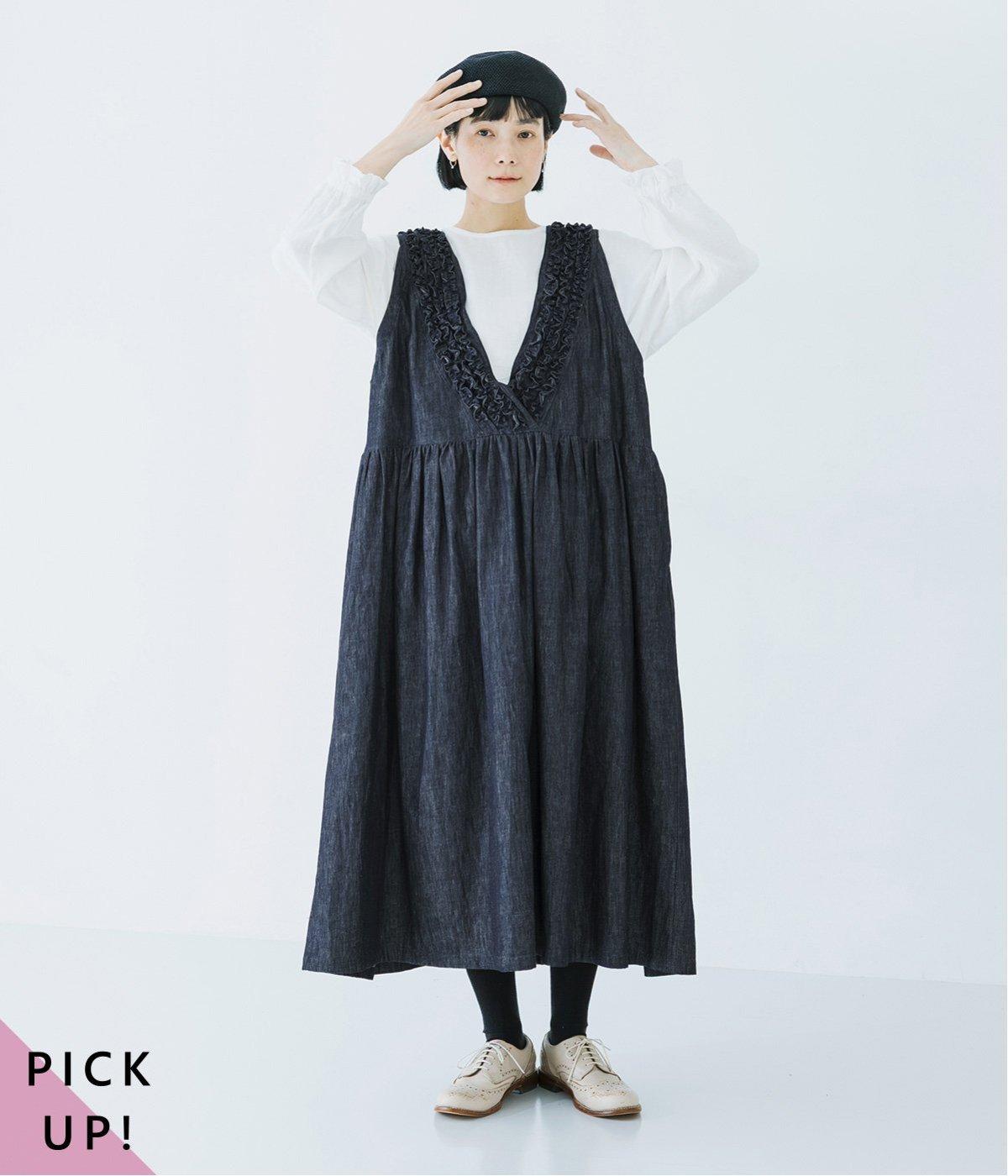コットンリネンループ染めインディゴ前後フリル使い2wayノースリーブワンピース(インディゴ-F)
