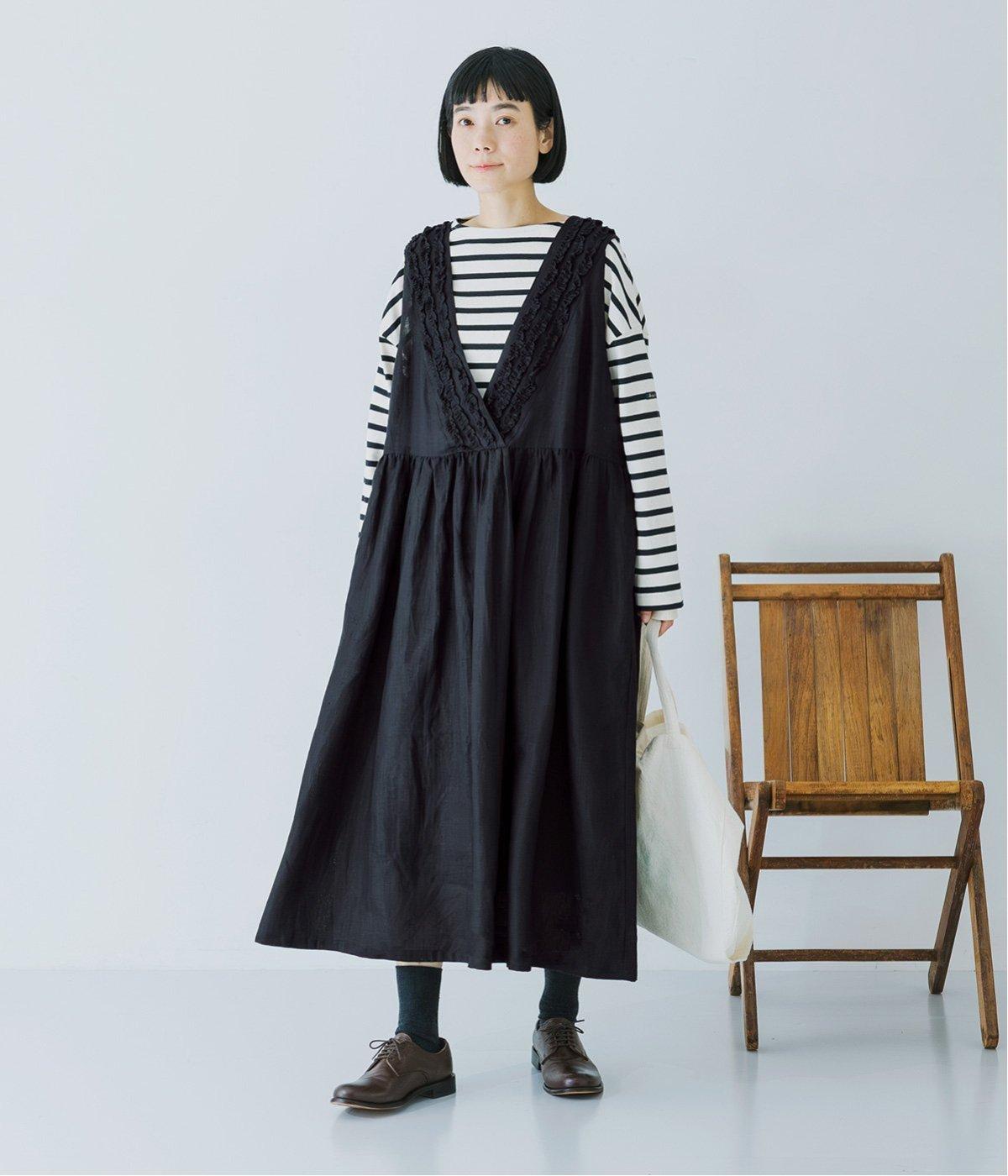 14番手洗いざらしリネン無地前後フリル使い2wayノースリーブワンピース